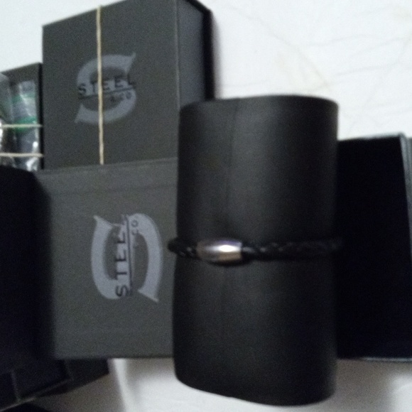 Men stainless steel SM pu leather black silver bracelet 8.1" - Picture 2 of 5